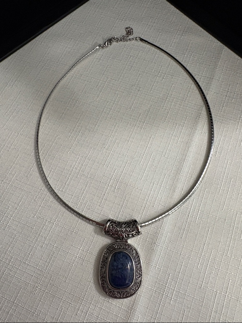Silver-Tone Necklace with Dark Blue Stone Pendant